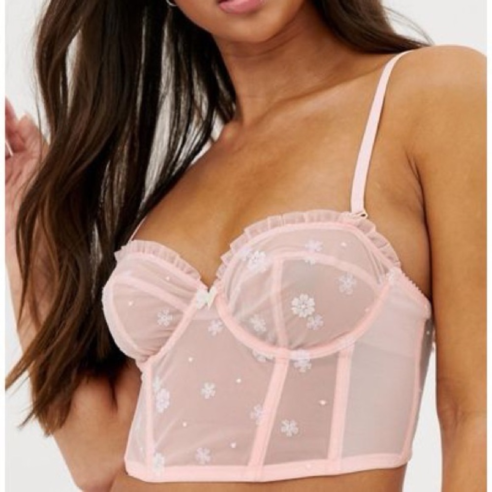 Savage x Fenty Sheer White/Pink Floral Embroidered Corset Bustier Top Size XS